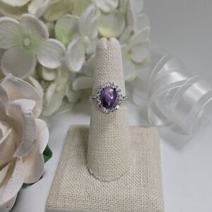 Vintage Silver Tone Adjustable Raw Tumbled Amethyst Stone with Rhinestones Ring